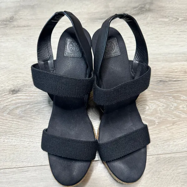 Tory Burch Black Canvas Espadrille Wedge Sandals Jute‎ Platform Heels Size 10.5 - Image 3