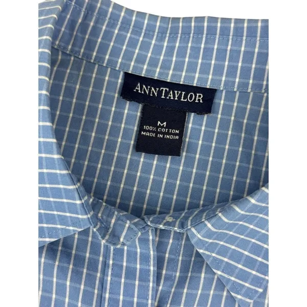 Ann Taylor Women's Size Medium Blue White Gingham Check Button Down Cotton Shirt - Image 2