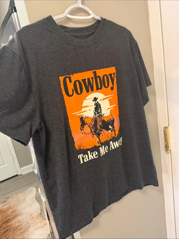 Cowboy Take Me Away Graphic Tee Dark Gray Orange Sunset Country Concert - Image 3