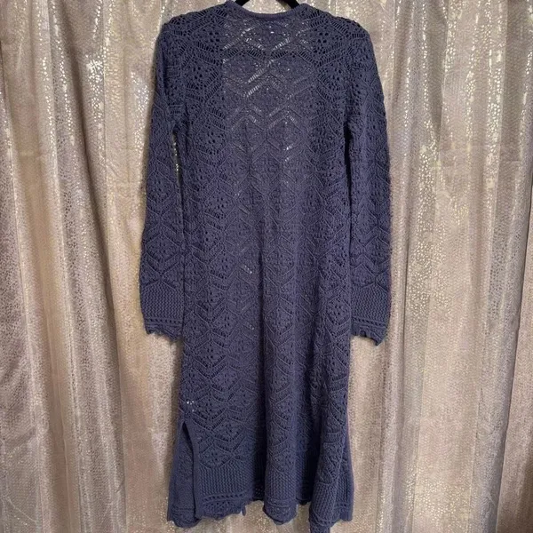 Freshman 1996 Gray Open Front Long Crochet Knit Sweater Cardigan Small - Image 2