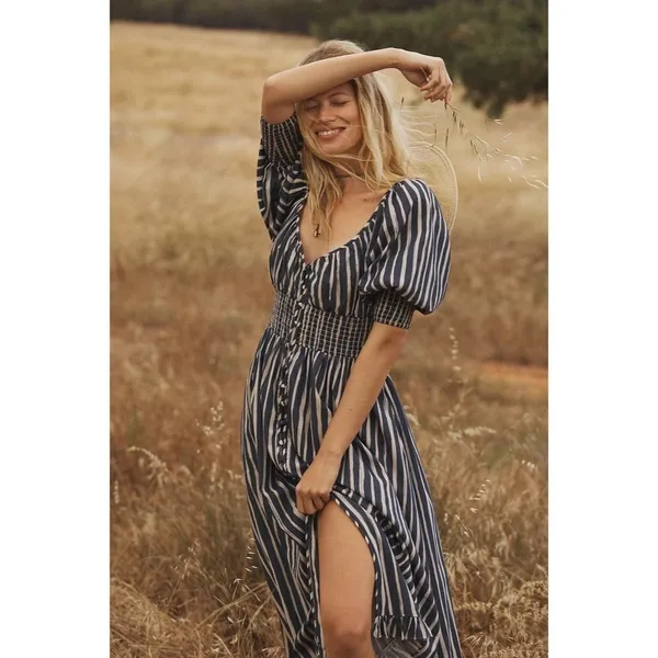 NWT!! By ANTHROPOLOGIE Long Sleeve Sweetheart Midi Dress Blue White Striped XS - Image 4