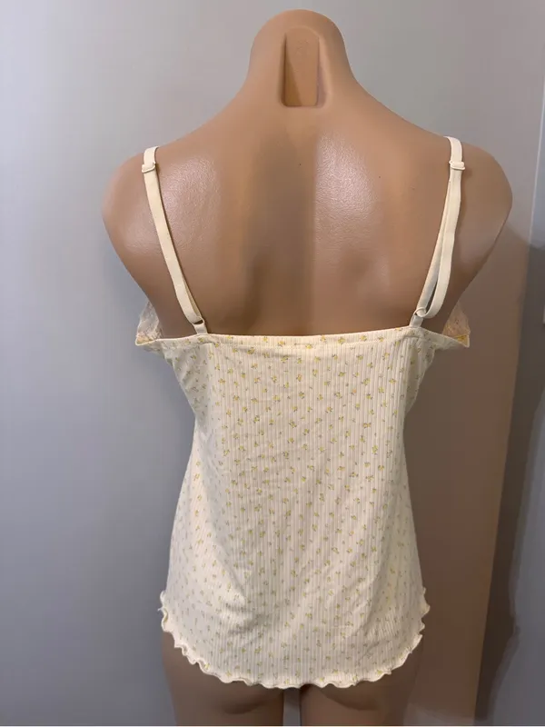 Laura Ashley Micro Floral Lace Tank Top Pajama PJ Yellow Cream Large Ribbed - Image 3