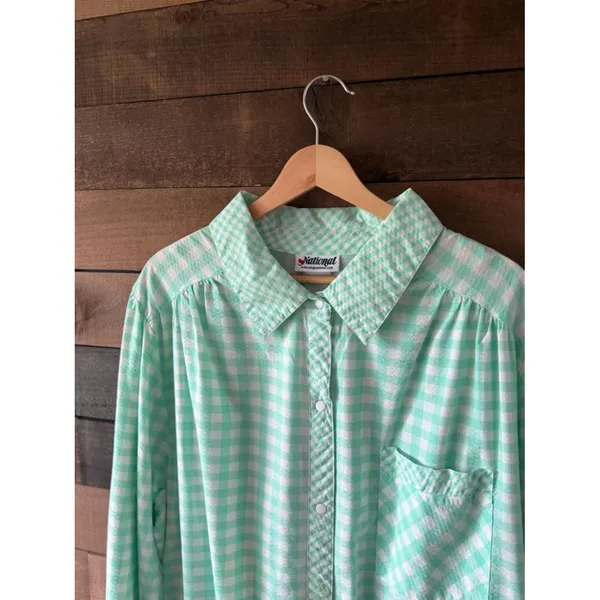 Vintage Mint Green Gingham Nightgown Button Front Midi Sleep Dress - Image 3