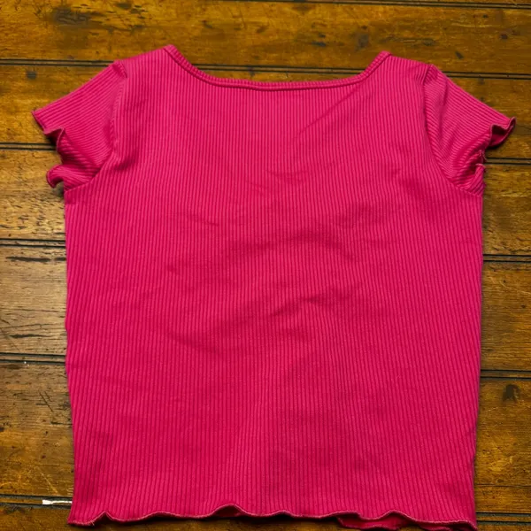 Hollister Pink Ribbed‎ Short Sleeve Lettuce Edge Sweetheart Neck Top XS - Image 3