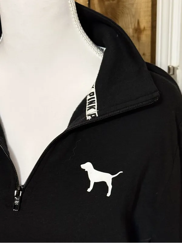 NWT PINK VS Black Quarter-Zip Pullover with White Dog Logo Size Large - Image 3
