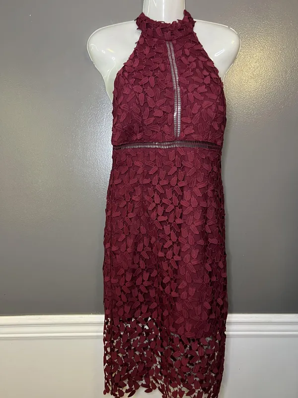 Bardot Dress Womens 6 Red Lace Halter Backless Sheath Midi Floral Party - Image 2
