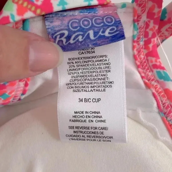 NWT 34B/C Coco Rave halter push-up bikini top hot pink orange ruched middle‎ - Image 7