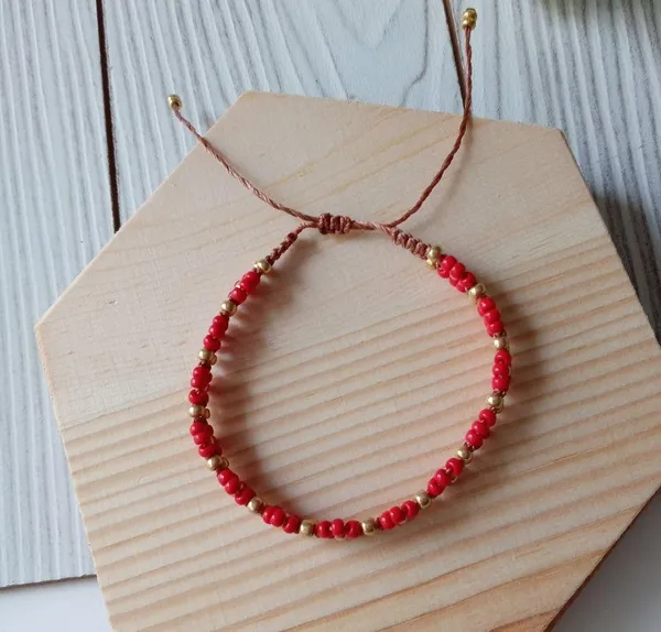 Bracelet Flower Hand Made Adjustable Red - Image 2