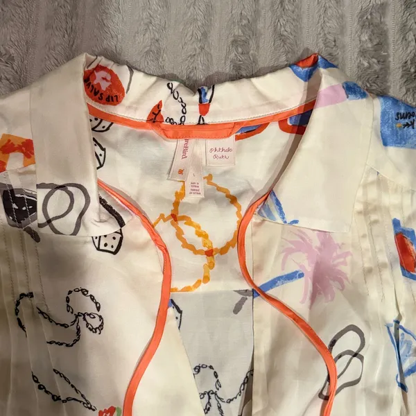 Anthropologie Lyrebird Phthalo Ruth Pajama Set Ivory Novelty Print Top Shorts L - Image 7
