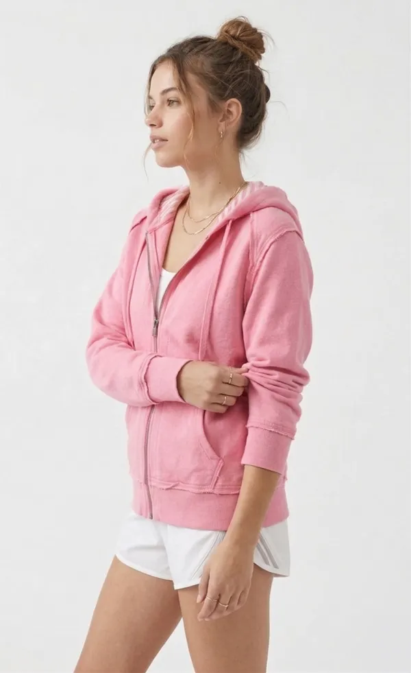Cotton Candy Pink Raw Seam Zip-Up Hoodie - Image 2