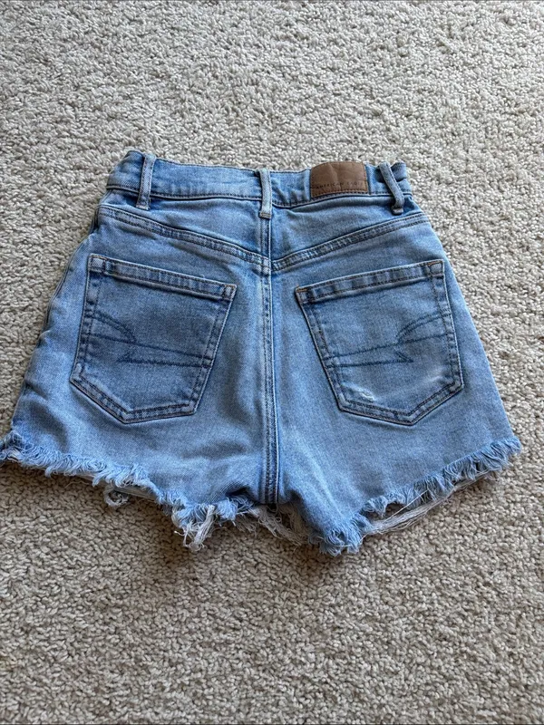 American Eagle High-Rise Light Blue Stretch Denim Frayed Hem Women's Shorts - Image 2