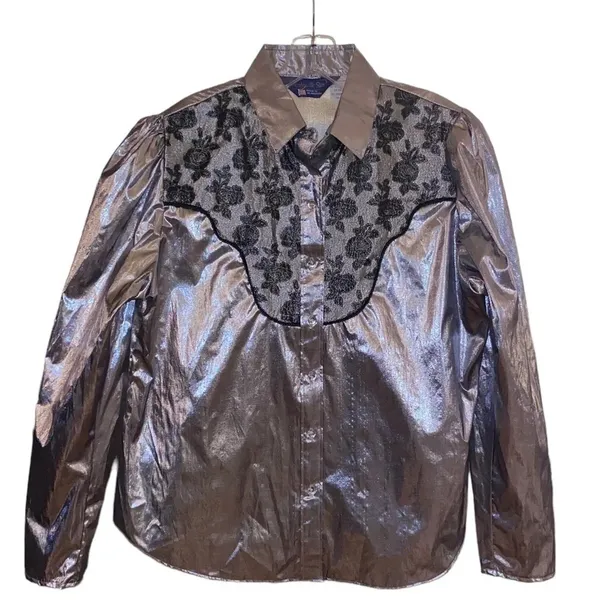 vintage metallic western Glam silver Lume embroidered cowgirl button up shirt - Image 2