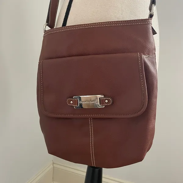 Franco Sarto Brown Pebbled Leather Crossbody Bag Silver‎ Logo Normcore Everyday - Image 2