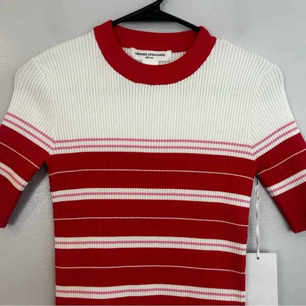NWT Amanda Uprichard Red/Pink Ribbed Striped Short Sleeve Bodycon Mini Dress Lrg - Image 3
