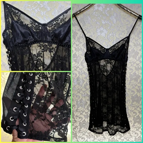 Victoria's Secret Black Lace Chemise with Eyelet Detail lace satin XS - Image 2