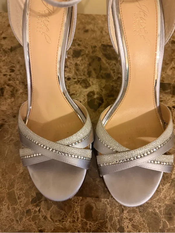 Jewel Badgley Mischka Silver Crisscross front Ankle-Strap Rhinestone Heels - Image 2