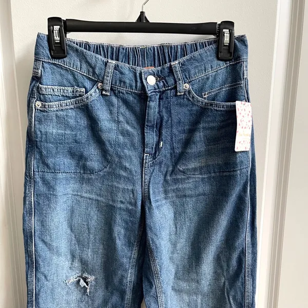 Free People Chloe Baby Barrel Jeans Women XS Blue Boho Elastic‎ Back Distressed - Image 5