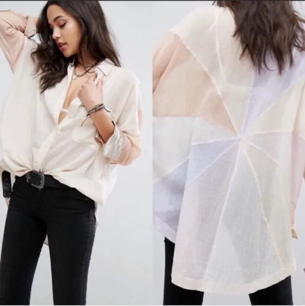 Free People Rainbow Rays Patchwork Pastel Button Up Shirt Blouse Size Medium - Image 15