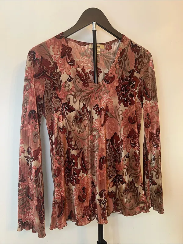 Y2K Plissé Sheer Floral Long‎ Sleeve Top Boho Fairy Grunge S - Image 4