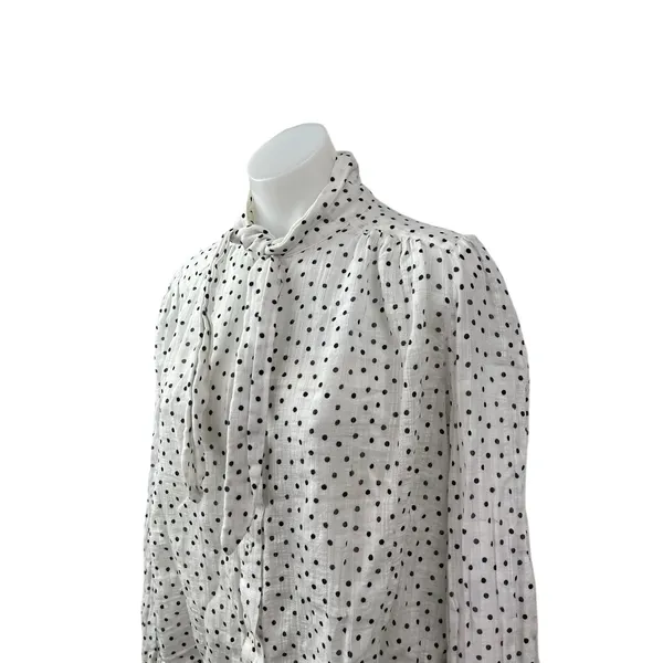 Zara Women's White Polka Dots Balloon Long Sleeve Tie High Neck Blouse Top Sz L - Image 2