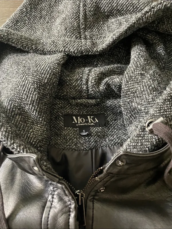 Women’s Mo-Ka Hooded Faux Leather Black Bomber Jacket, Size Small - Image 2