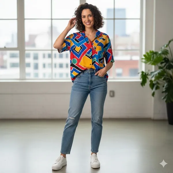 Bobbie Brooks Geometric Print Short Sleeve Button Up Shirt Women 90s VTG Large - Image 2