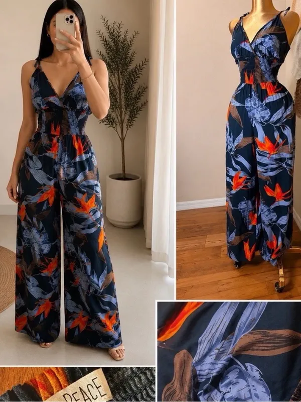 NEW Anthropologie Patrons of Peace Navy Floral Wide Leg Jumpsuit MEDIUM Blue - Image 2