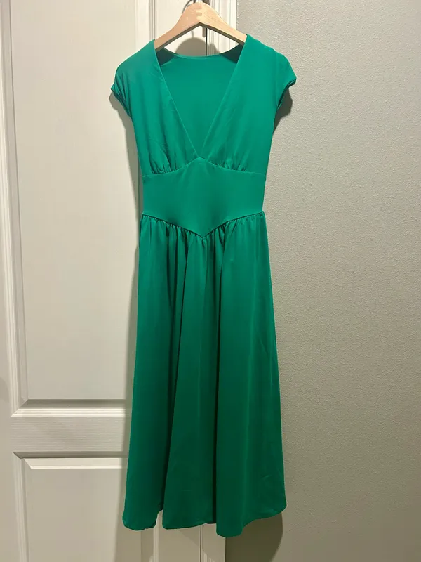 OYS Women's Deep V Neck Cap Sleeve Pleated Swing A Line Midi Dress - Image 3