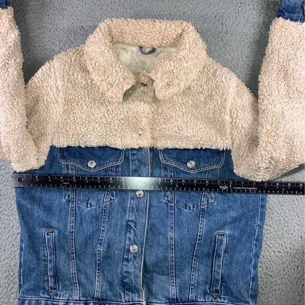 Topshop Denim Jacket Womens 6 Small Blue Cream Borg Fleece Mixed Media Trucker - Image 13