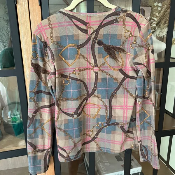 Ralph Lauren equestrian plaid long sleeve top chains hardware preppy stretch - Image 4