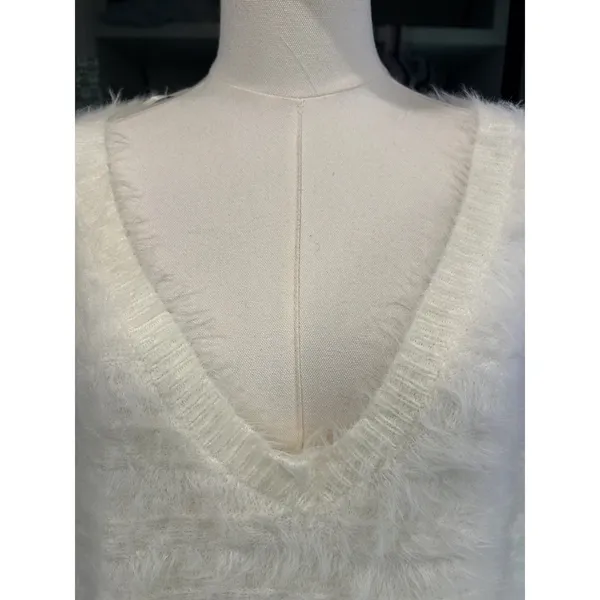 Fuzzy Eyelash Knit Sweater Ivory Shaggy Y2K Coquette Dee Elly Small Crop V Neck - Image 3