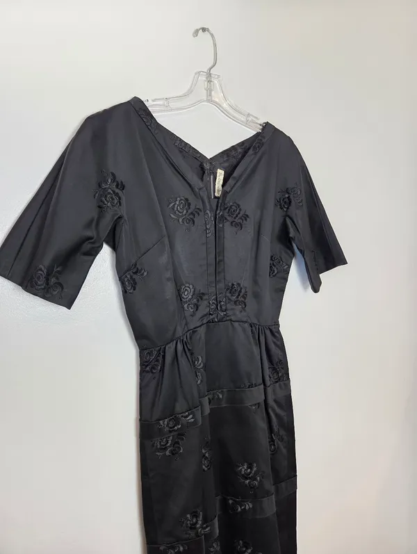 The Dressmaker Custom Dress Satin Brocade Floral Black Midi Fit N Flare Small - Image 3