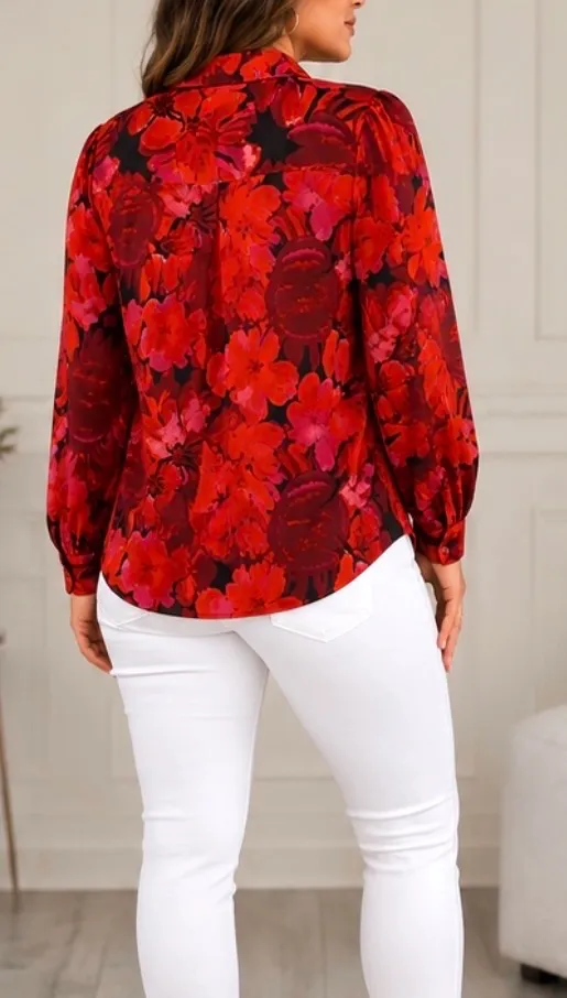 BTFBM~ Red & Pink Floral Button-Up Blouse ~ONLY~None Stretch. L - Image 2