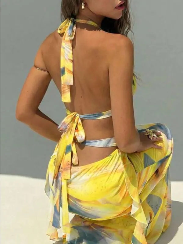 SHEIN Yellow Floral Halter Cutout Maxi Dress - Image 2