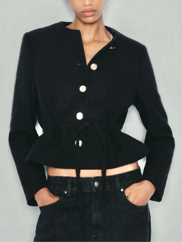 Zara NWT Textured Black tie Belted blazer cardigan Jacket with Gold Buttons - Image 2