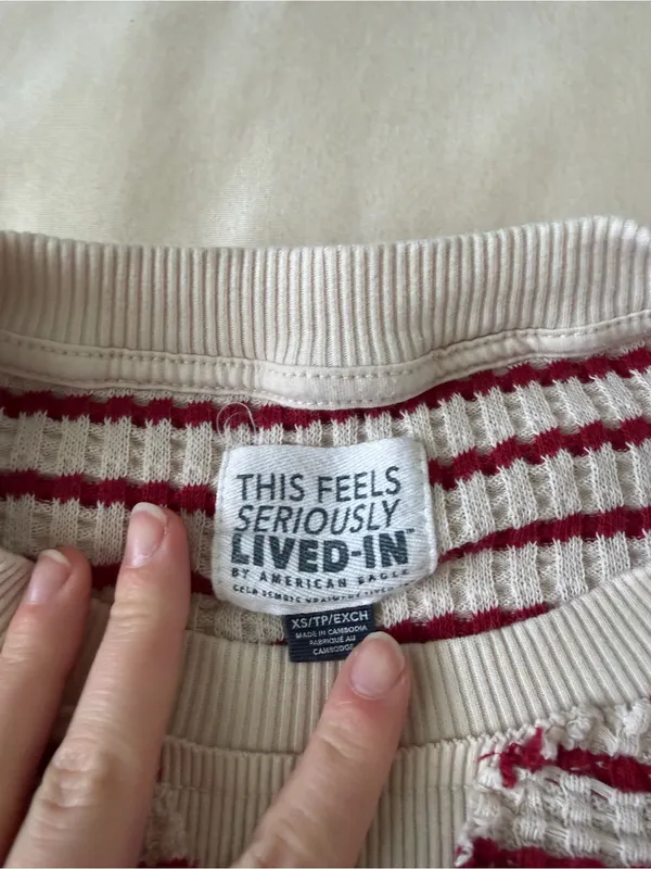 American Eagle Outfitters Striped Crewneck Sweater - Cream & Red - Image 4