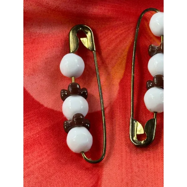 Vintage‎ Beaded Safety Pin Brooch Set Turquoise Faux Bamboo White Brown 4pc - Image 4