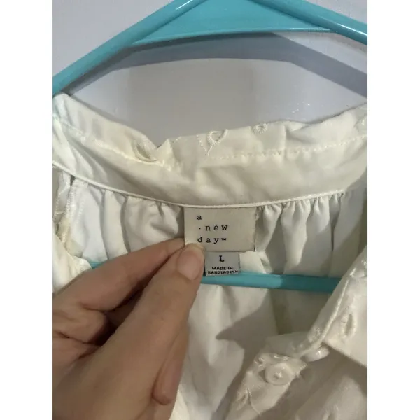 A New Day Size L 100% Cotton‎ Eyelet Puffed Balloon Sleeves Belted Lined Dress - Image 5
