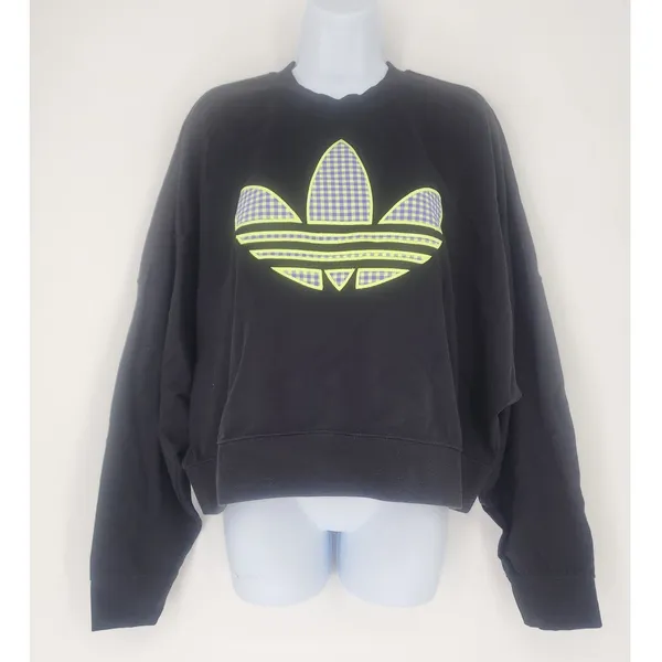 Adidas Trefoil Neon Gingham Logo Cropped Sweatshirt Black Women’s Size L - Image 8