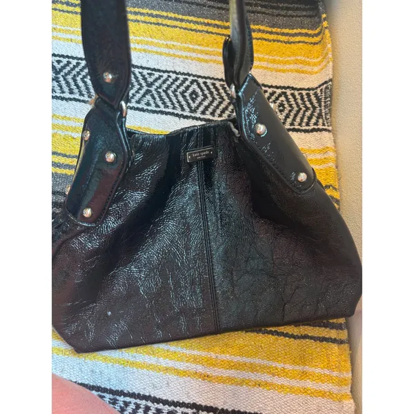 Kate Spade Black Crinkled Patent Leather Hobo Bag‎ Shoulder Bag Stripe Lining - Image 7