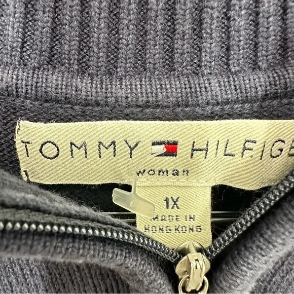 Tommy Hilfiger 1X‎ Navy Quarter Zip Cable Knit Coastal Preppy Nautical Casual - Image 2