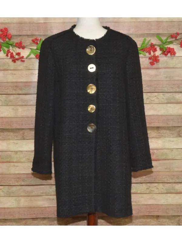 Zara Woman Black Tweed Boucle Long Jacket Coat Size L Gold Statement Buttons - Image 2