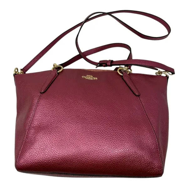 Coach Pebbled Leather Satchel Crossbody Bag Metallic Burgundy Gold Hardware - Image 4