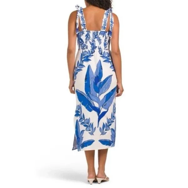 Calypso St Barth Linen Blend Smocked Back‎ Midi Dress Blue White Tropical Size S - Image 2