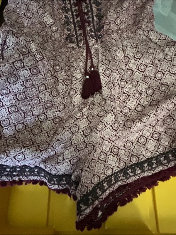 American Eagle Boho Lace-Up Tassel Romper in Cream & Burgundy SM NWOT - Image 13