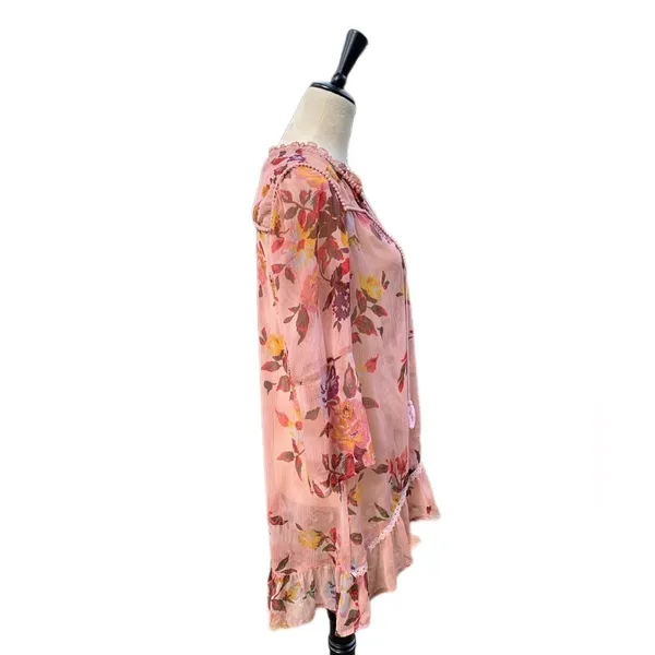 Buckle Boutique Boho Floral Sheer Tunic Top Size S |‎ Pink Lace Tassels Ruffle Hem - Image 5