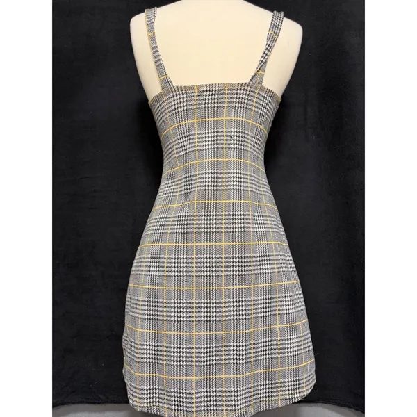 Grey‎ Yellow Plaid Button Front Mini Dress Sleeveless V-Neck A-Line Pinafore - Image 2