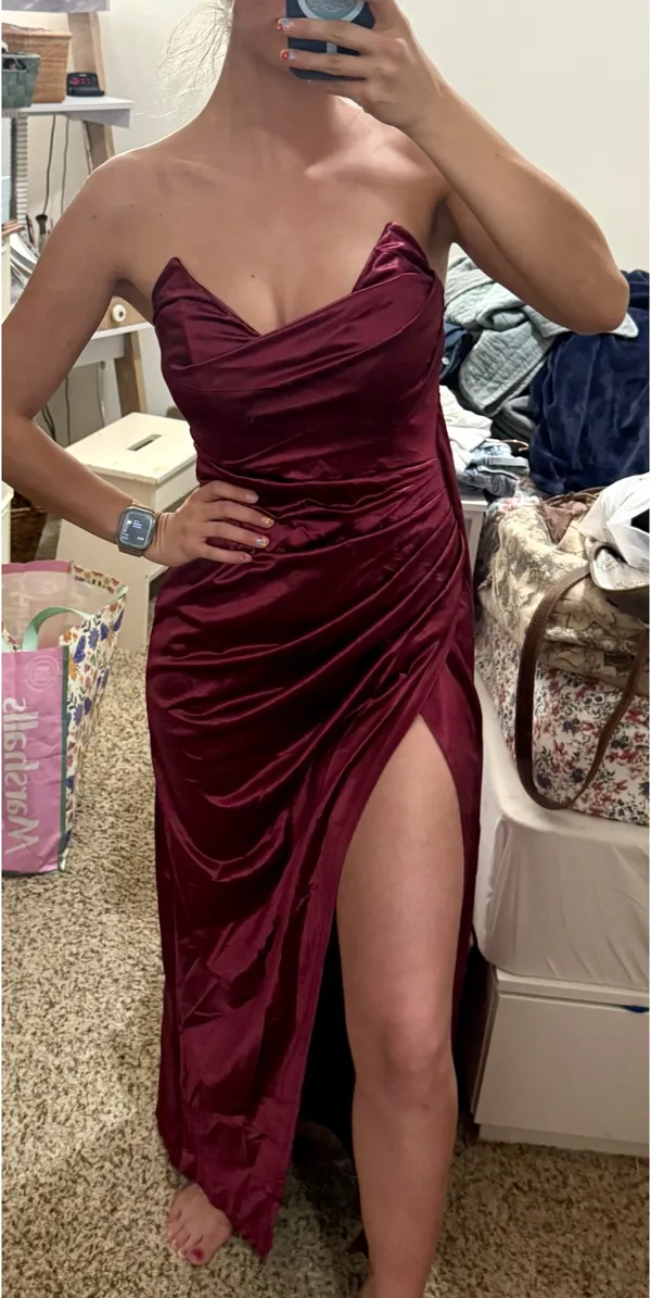 Satin Strapless Dress Red - Image 4