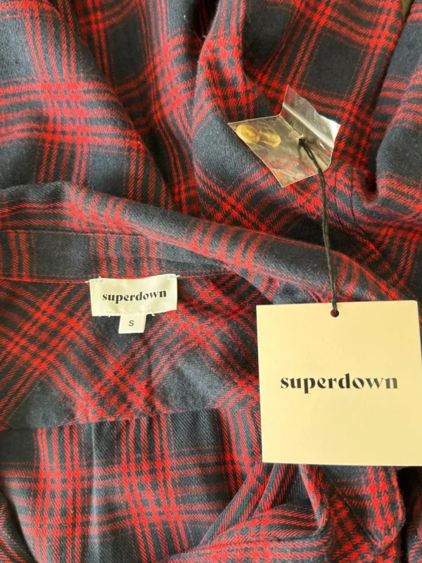 Superdown x Revolve - NWT Audriana Oversized Flannel Top Red Navy Plaid Sz S - Image 7