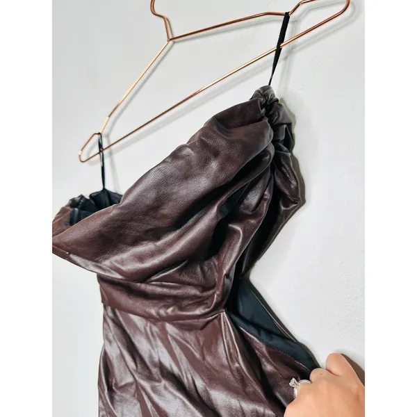 ALC Frank Brown Faux Leather Sleeveless Strapless Ruched Side Cutout Andie Dress 8 - Image 8